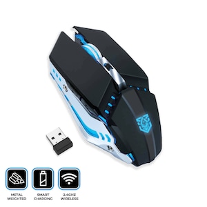 May include: A black and silver wireless gaming mouse with blue LED lights. The mouse has a metal weight and a smart charging feature. The mouse is connected to a computer via a 2.4GHz wireless receiver.