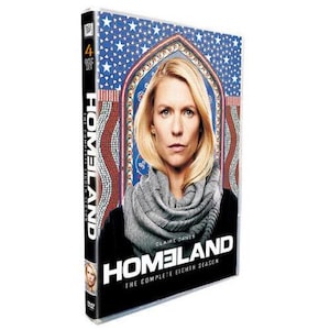 May include: DVD set of "Homeland: The Complete Eighth Season." The cover features a portrait of Claire Danes, with the show's title in bold white letters. The background has a blue and red design with stars.