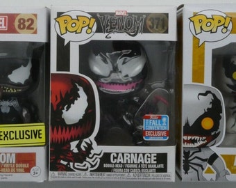3 = FUNKO POP Venom Carnage #371, Venom Black #82, Anti-Venom Glows In The Dark #100