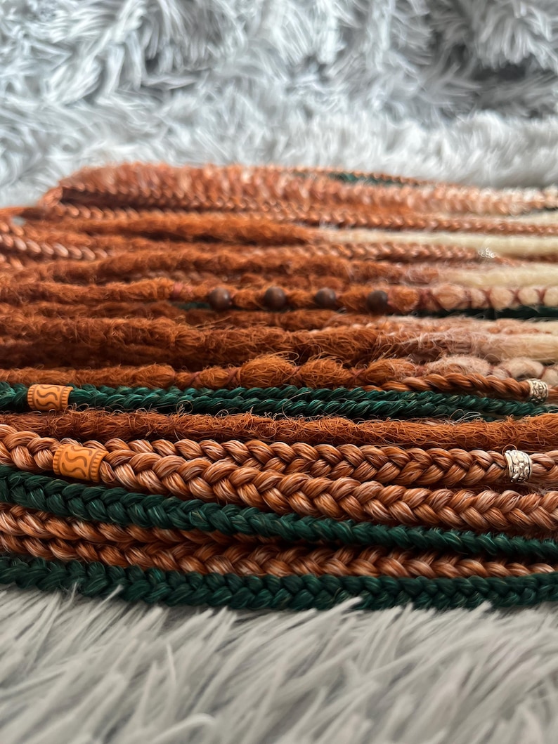 Boho dreadlocks Ginger synthetic dreads Double ended dreadlock Light orange to blonde ombré Dreadlock extensions Green dreads Full set image 13