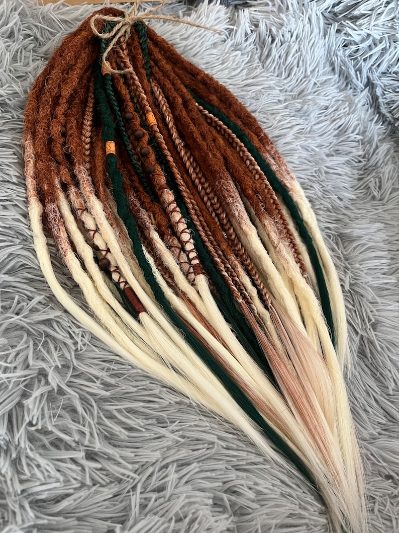 Boho dreadlocks Ginger synthetic dreads Double ended dreadlock Light orange to blonde ombré Dreadlock extensions Green dreads Full set image 5