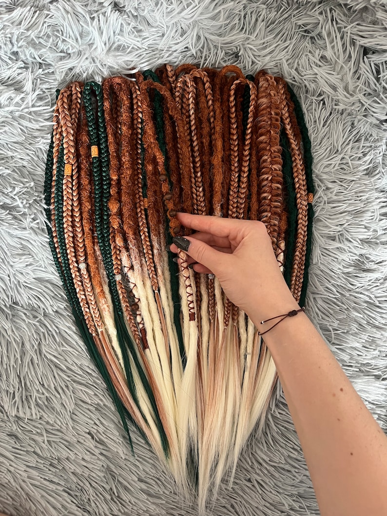 Boho dreadlocks Ginger synthetic dreads Double ended dreadlock Light orange to blonde ombré Dreadlock extensions Green dreads Full set image 8