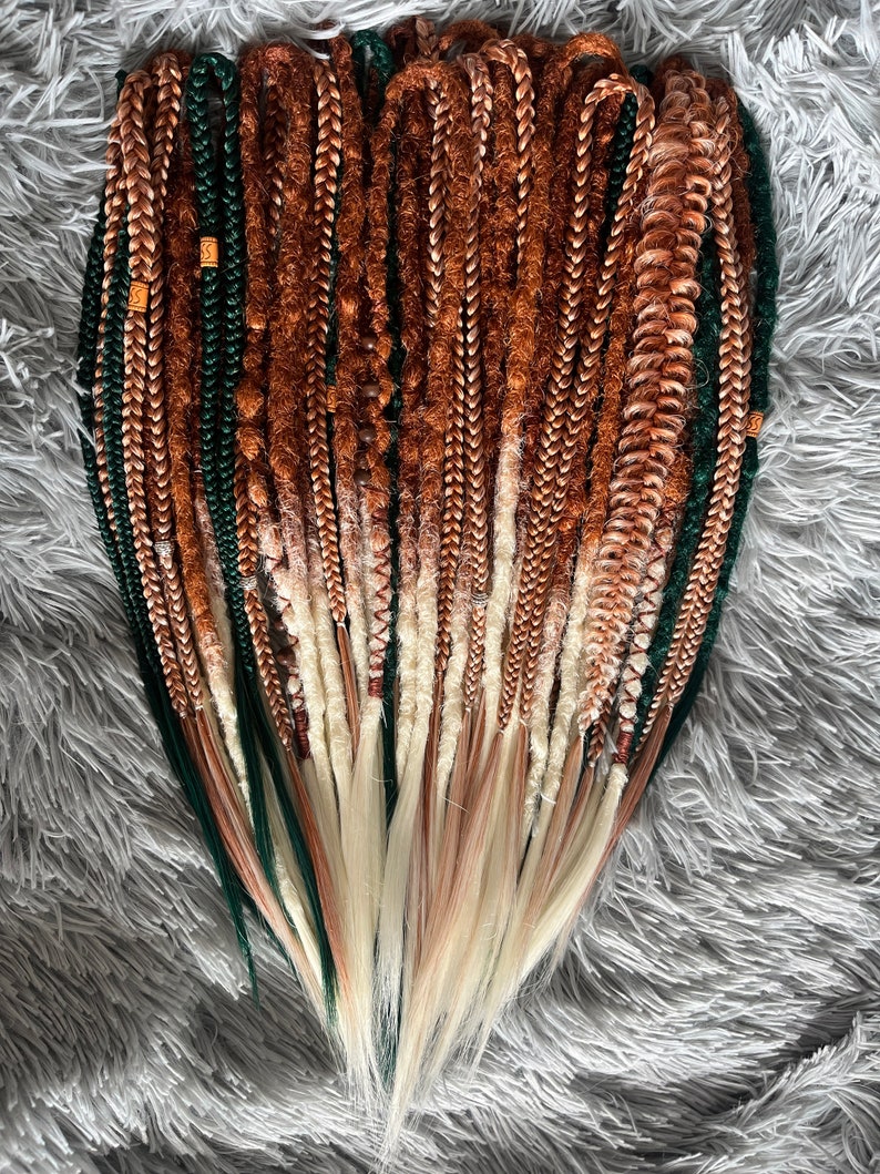 Boho dreadlocks Ginger synthetic dreads Double ended dreadlock Light orange to blonde ombré Dreadlock extensions Green dreads Full set image 9