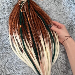 Boho dreadlocks Ginger synthetic dreads Double ended dreadlock Light orange to blonde ombré Dreadlock extensions Green dreads Full set image 12