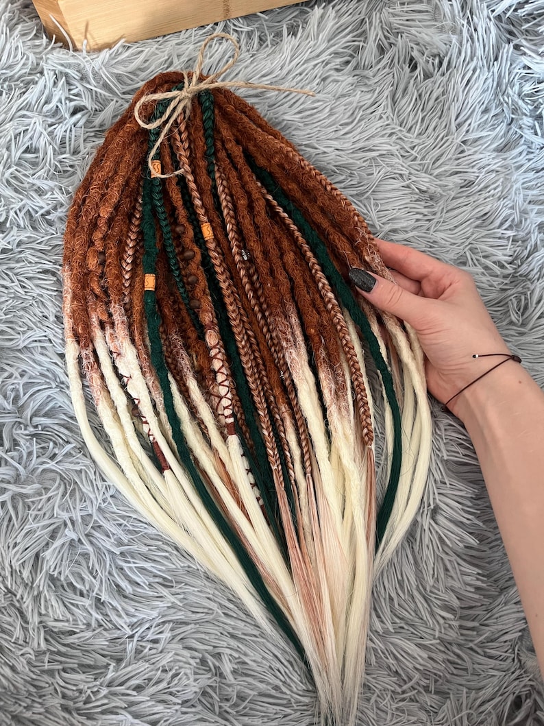 Boho dreadlocks Ginger synthetic dreads Double ended dreadlock Light orange to blonde ombré Dreadlock extensions Green dreads Full set image 12
