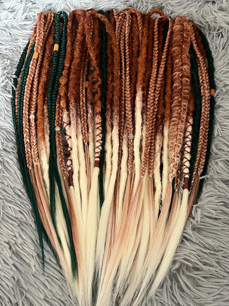 Boho dreadlocks Ginger synthetic dreads Double ended dreadlock Light orange to blonde ombré Dreadlock extensions Green dreads Full set image 14