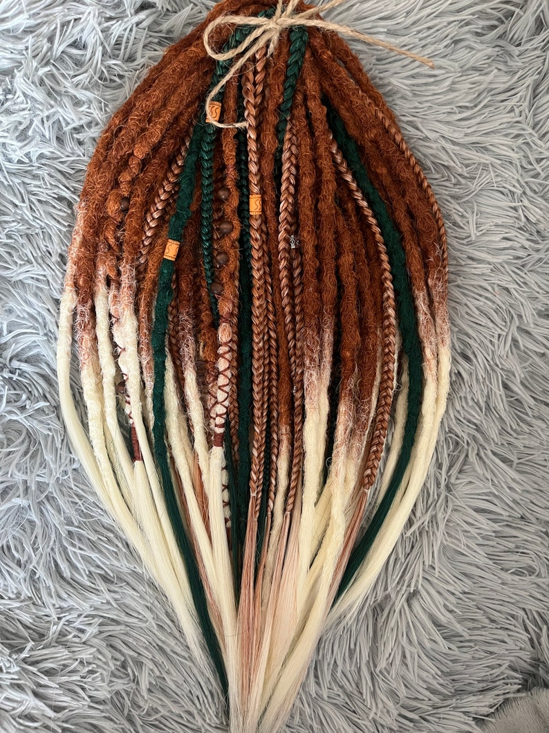 Boho dreadlocks Ginger synthetic dreads Double ended dreadlock Light orange to blonde ombré Dreadlock extensions Green dreads Full set image 2