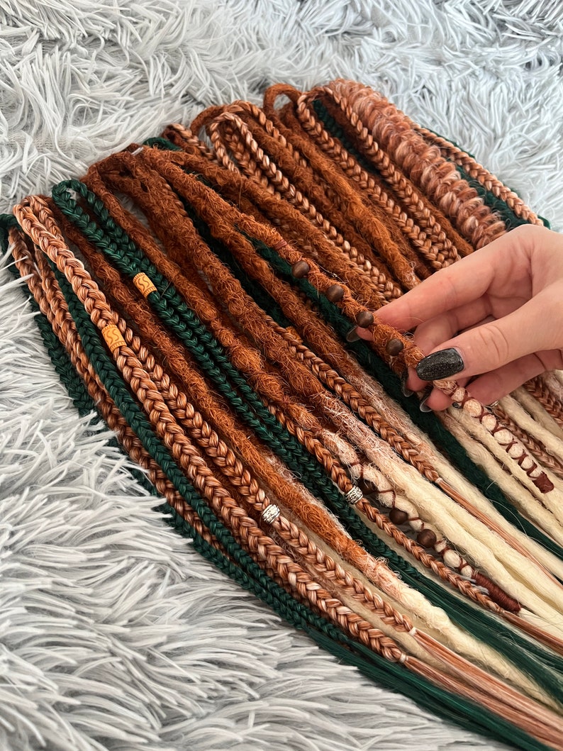 Boho dreadlocks Ginger synthetic dreads Double ended dreadlock Light orange to blonde ombré Dreadlock extensions Green dreads Full set image 4