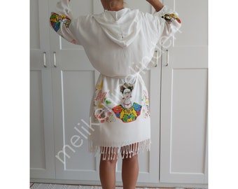 Custom Knitted Kimono, White Handmade Cotton Robe for Beach and Spa Oversized