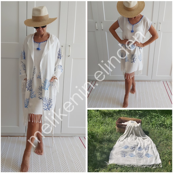 Women's Swimming suit Coverup; White Cotton Beach Dress, Robe and Towel Set. Oversized. Organic Turkish Fabric.