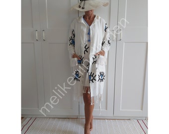 White Cotton Kimono, Handmade Knitted Robe for Beach and Spa Oversized