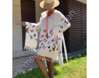 Handmade Knitted Kimono Robe, White Cotton Fabric for Beach and Spa Oversized