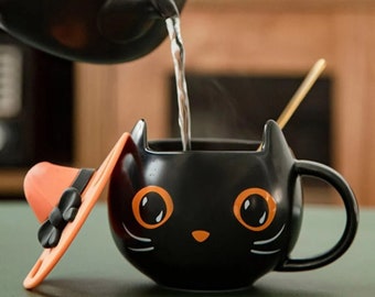 Taza de cerámica con tapa, diseño de gato con sombrero, para Halloween (325 ml)