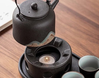 Tetera con calentador de té verde japonés pintado a mano de montaña