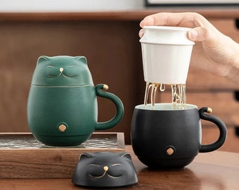 Taza de té Wabi-Sabi con diseño de gato adorable con tapa y estuche de viaje