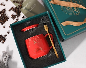 Taza de café de cerámica hecha a mano con tapa y cuchara – Caja de regalo de cumpleaños