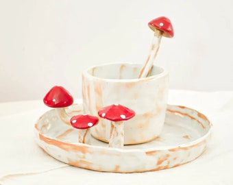 Handmade Ceramic Mushroom Mug Set, Cottagecore Kitchen Decor, Plant Lover Gift