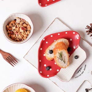 Pu&ograve; includere: Vista dall'alto di un piatto rosso a pois bianchi con pane e mirtilli. Sono visibili anche una piccola ciotola di granola e una forchetta di legno. Il piatto ha la forma di un fungo.