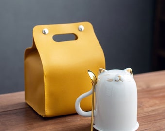 Taza de cerámica con forma de gato, tapa y estuche de viaje (320 ml)