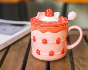 Kawaii Strawberry Cake Ceramic Mug with Lid