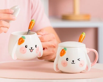 Kawaii Ceramic Coffee Mug with Lid and Spoon