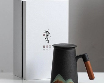 Taza de café de cerámica japonesa hecha a mano con diseño de madera esmaltada y colador de té.