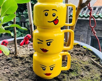 Taza personalizada con cabeza de personaje, taza de cerámica amarilla con dibujos animados, regalo con cara divertida