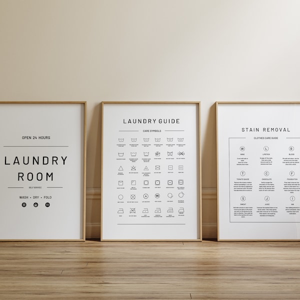 Laundry Room 3 Print Set, Laundry Care Symbols Guide, Laundry Room Sign Poster, Stain Removal, Laundry Pictures, Laundry Co Sign Wall Art