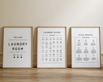 Laundry Room 3 Print Set, Laundry Care Symbols Guide, Laundry Room Sign Poster, Stain Removal, Laundry Pictures, Laundry Co Sign Wall Art