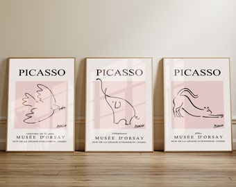 Picasso Line Art Prints Set of 3, Pablo Picasso Exhibition Poster,Picasso One Line Sketches, Picasso Wall Art, Picasso Print, Picasso Poster