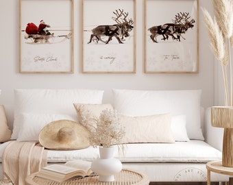 Gallery set of 3 Christmas Santa Claus with a sleigh Prints, Santa Claus and Reindeer Prints, Holiday Winter Prints, Christmas Wall Art