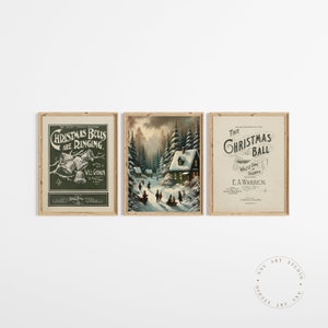 Christmas Gallery Wall set of 3 prints, Christmas Vintage Drawing Art Print, Holiday Winter Prints, Rustic Christmas Snowy Gallery Wall Art
