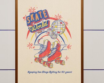 Skate World Art Print • Original Giclee Roller Skate Wall Art • 50th Anniversary Illustration •  Roller Rink • Retro Gift • Vintage