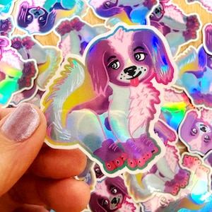 Adesivo de Cachorrinho Patinador • Decalque Holográfico à Prova d'Água • Presentes para Patinadores • Cachorros • Lisa Frank • Roller Derby