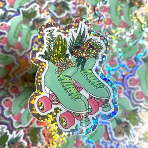 Adesivo in vinile impermeabile glitterato con pattini a rotelle succulenti / Adesivo per pattini a rotelle Regali per pattini a rotelle / Decalcomania per pattini a rotelle / Adesivo per casco