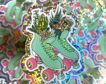 Succulent Roller Skate Sticker • Glitter Waterproof Vinyl  Helmet or Laptop Decal • Quad Skate Roller Skate Gift • Plant Aesthetic