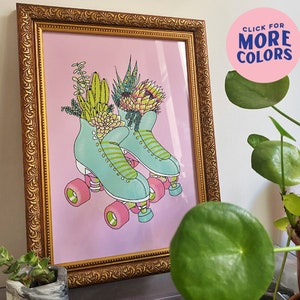 Sukkulenten Skate | Quad Rollschuh Original Giclée Kunstdruck | Rollschuhlaufen Wandkunst | Sukkulenten Pflanzenstrauß | Rollschuh Geschenk