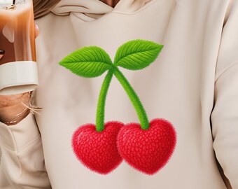 Valentine Cherry png, Cute Fuzzy Cherry PNG , Cherry Heart, Coquette Valentine PNG, Preppy Valentine