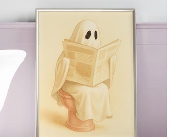 Lustiger Halloween Geist Kunstdruck – Retro Spuk-Badezimmer Deko, Niedlicher Geist liest Zeitung Wandbild