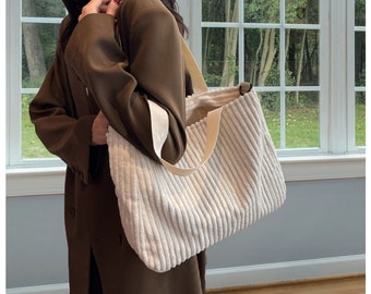 Cord Einkaufstasche mit Reißverschluss Große Kapazität Umhängetasche Verdicken Cord Lässige Einkaufstasche für Frauen Täglichen Gebrauch