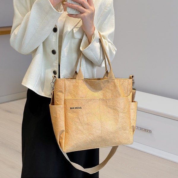 Tote Bag with Zipper Large Capacity Shoulder Bag Vintage Style Tyvek Material Thicken Cord Casual Shopping Bag for Women Daily Use