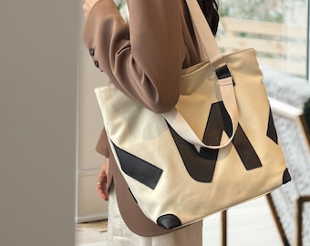 Canvas Tote Bag with Zipper Large Capacity Shoulder Bag Letter N Thicken Cord Casual Shopping Bag for Women Daily Use