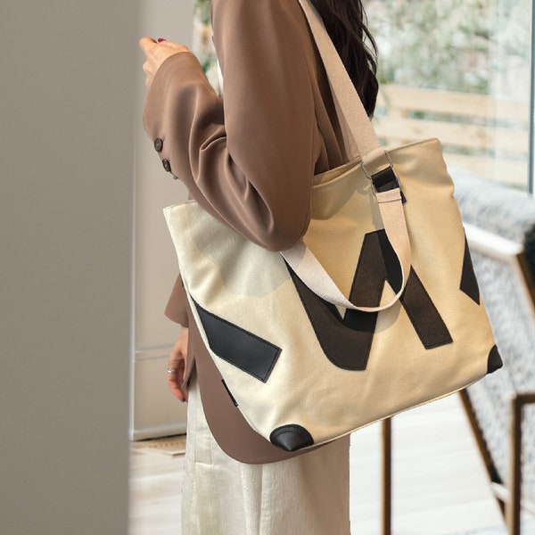 Canvas Tote Bag with Zipper Large Capacity Shoulder Bag Letter N Thicken Cord Casual Shopping Bag for Women Daily Use