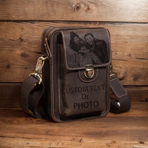 Regalos para el Día del Padre Bolsos personalizados para teléfono con foto Bolsos cruzados de cuero Carteras a presión Bolsos para cinturón grabados a mano Regalos personalizados Regalos para papá.