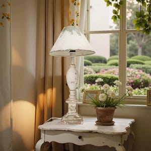 May include: A vintage-style white table lamp with a cream lampshade. The lamp features a decorative base and a distressed finish. A small pot of white flowers sits on a white table beside the lamp. The background includes a window and curtains.