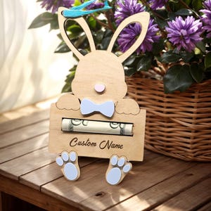 Ostergeschenk personalisierte Name Häschen Geldhalter, Holzhäschen Geldhalter Dekoration, individuelles Ostergeschenk für Kinder, Osterhasengeld.