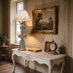 Puede incluir: Lámpara de mesa de estilo antiguo con acabado azul y dorado envejecido. La lámpara tiene una pantalla de color crema y detalles ornamentados. Se encuentra sobre una mesa blanca con un reloj vintage, un libro abierto y una pintura de paisaje enmarcada.