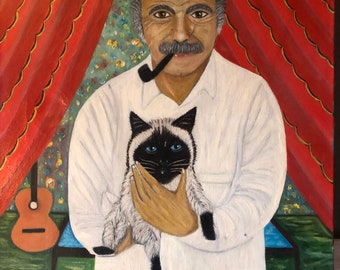 Huile sur toile représentant Georges Brassens et son chat - signée et datée 1982