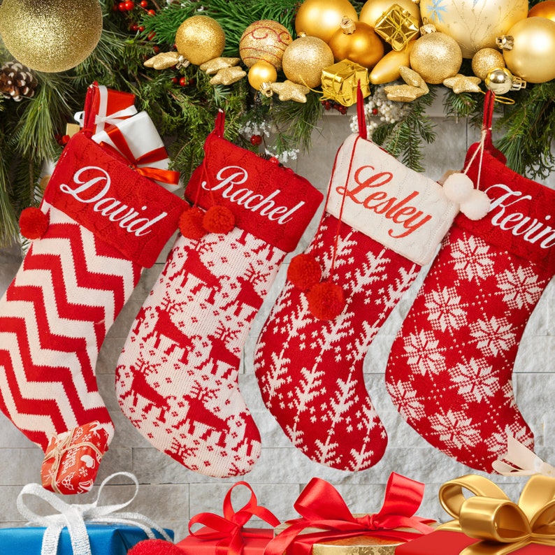 Knitted Christmas Stockings With a Pom Pom 2023 Embroidered Etsy