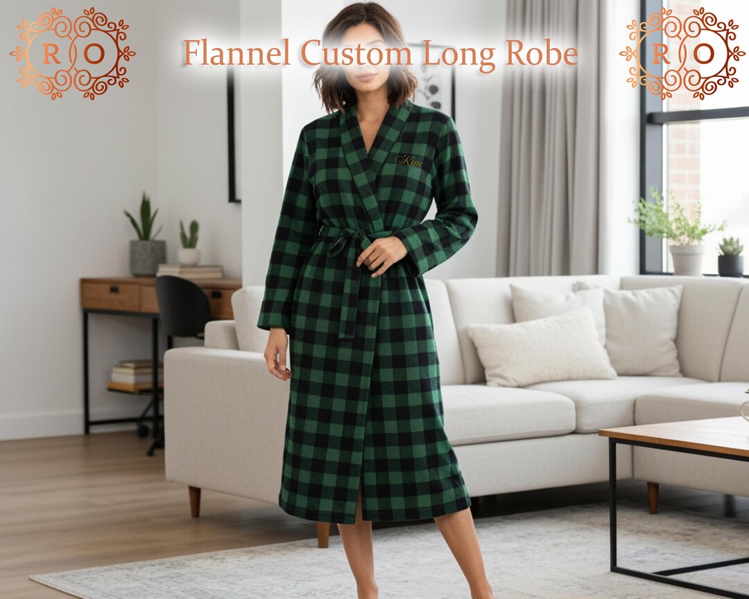 Monogrammed Buffalo Check Robe- Personalized Long Flannel Robe, Custom ...